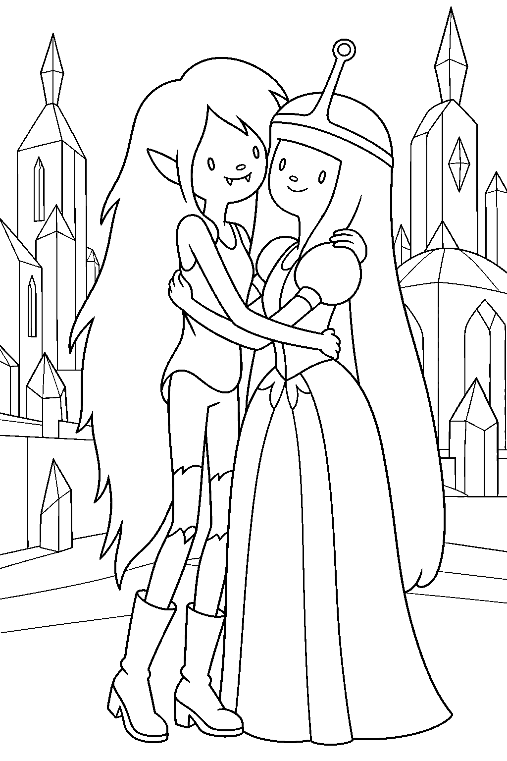 adventure time marceline hugging princess bubblegum in the glass kingdom line art