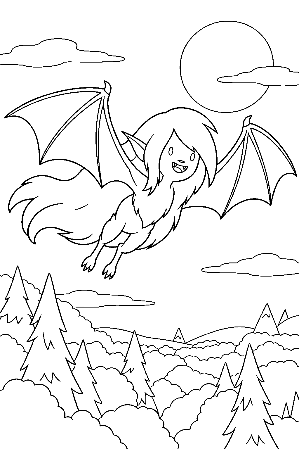adventure time marceline in her bat form flying above the forest line art