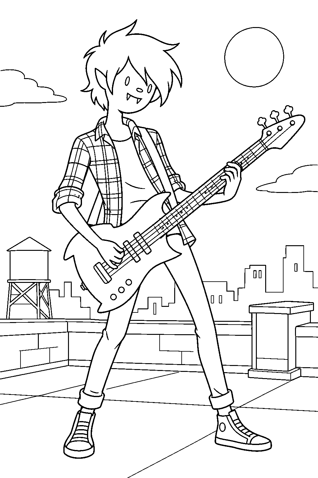 adventure time marshall lee playing his bass guitar on a rooftop line art