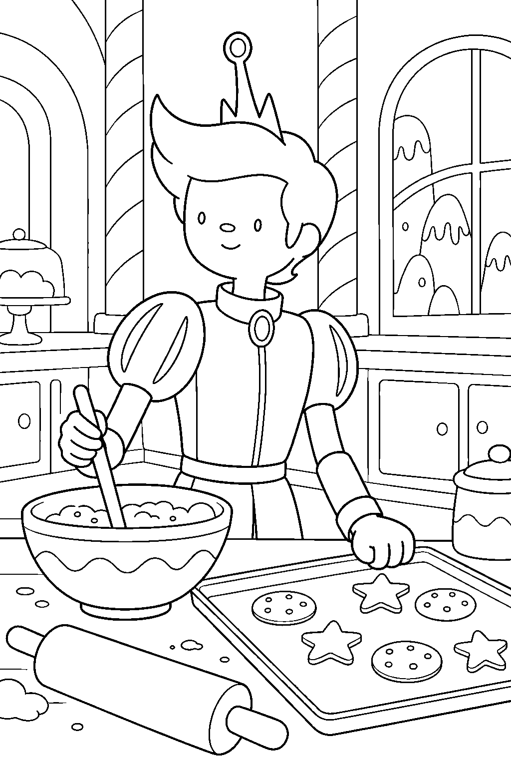 adventure time prince gumball baking cookies in his palace kitchen line art