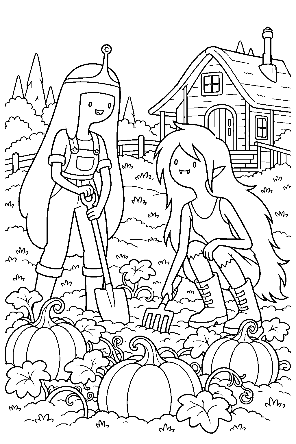 adventure time princess bubblegum and marceline tending the pumpkin garden at bubblegum s cabin line art