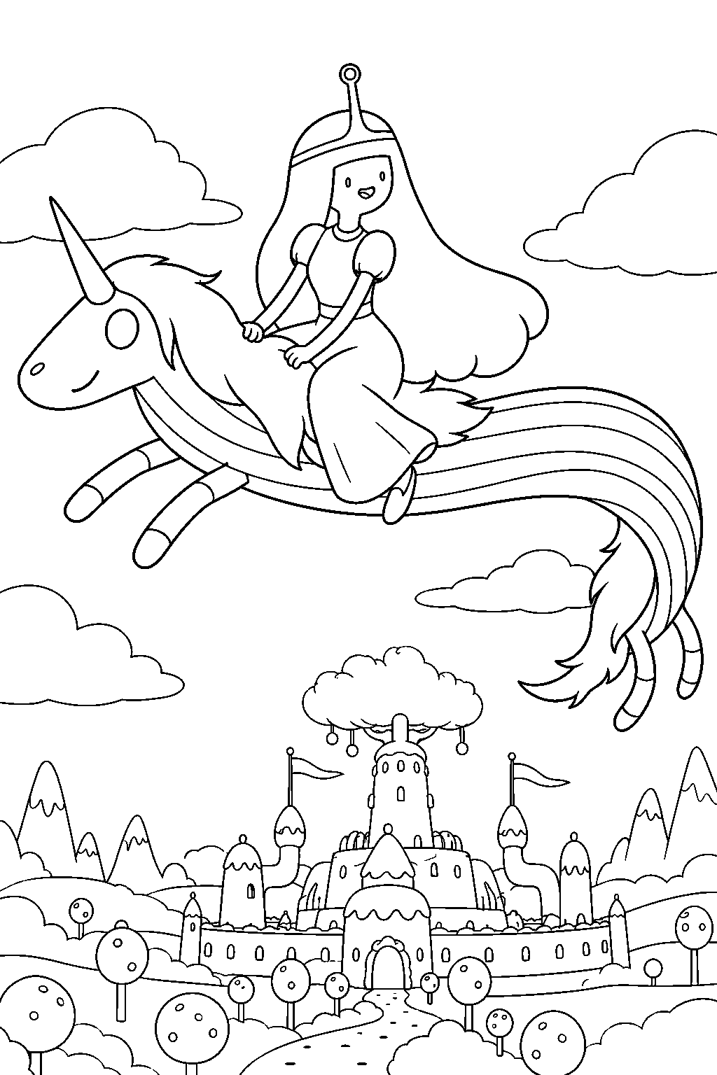 adventure time princess bubblegum riding lady rainicorn above the candy kingdom line art