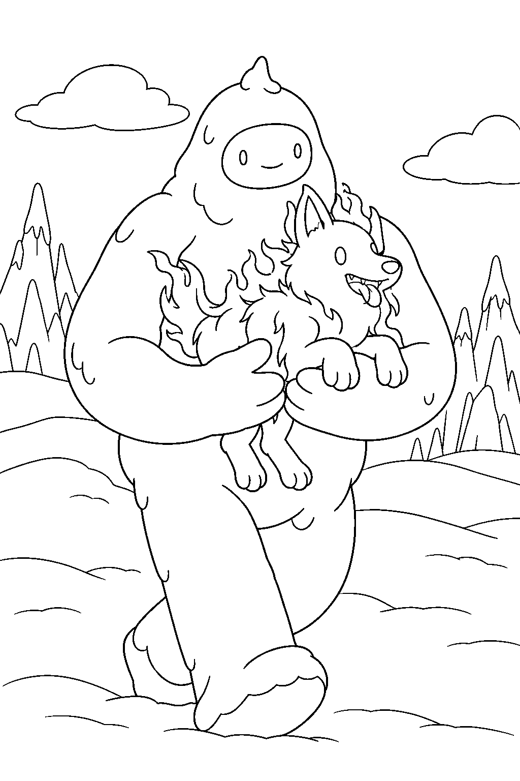 adventure time snow golem carrying the fire wolf pup through the snow line art