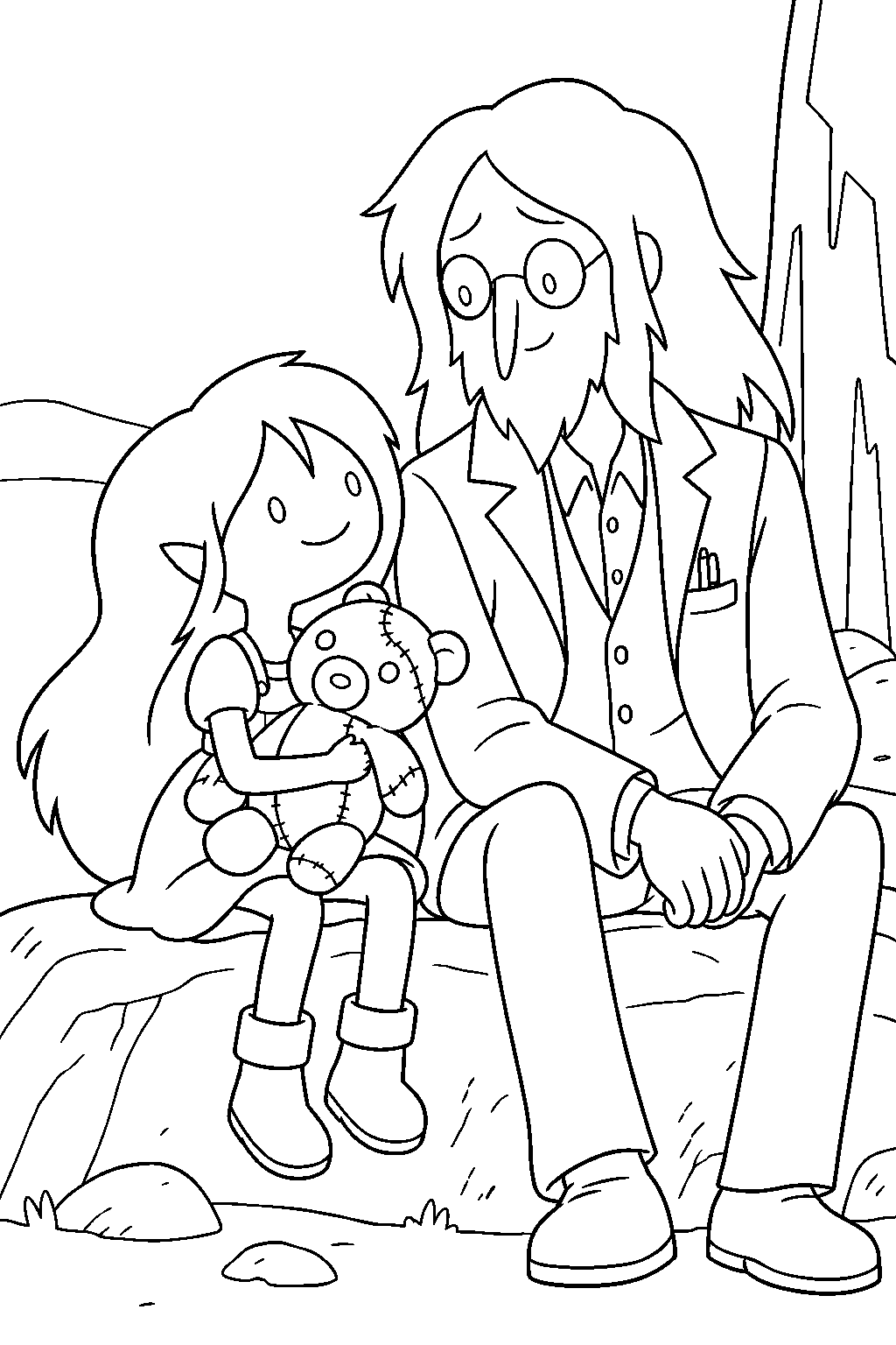 adventure time young marceline holding hambo beside simon petrikov line art
