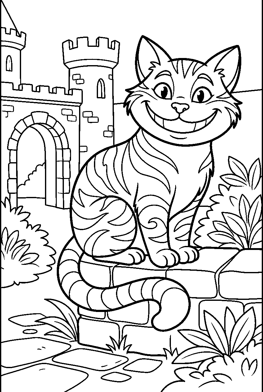 alice in wonderland cheshire cat in castle courtyard line art