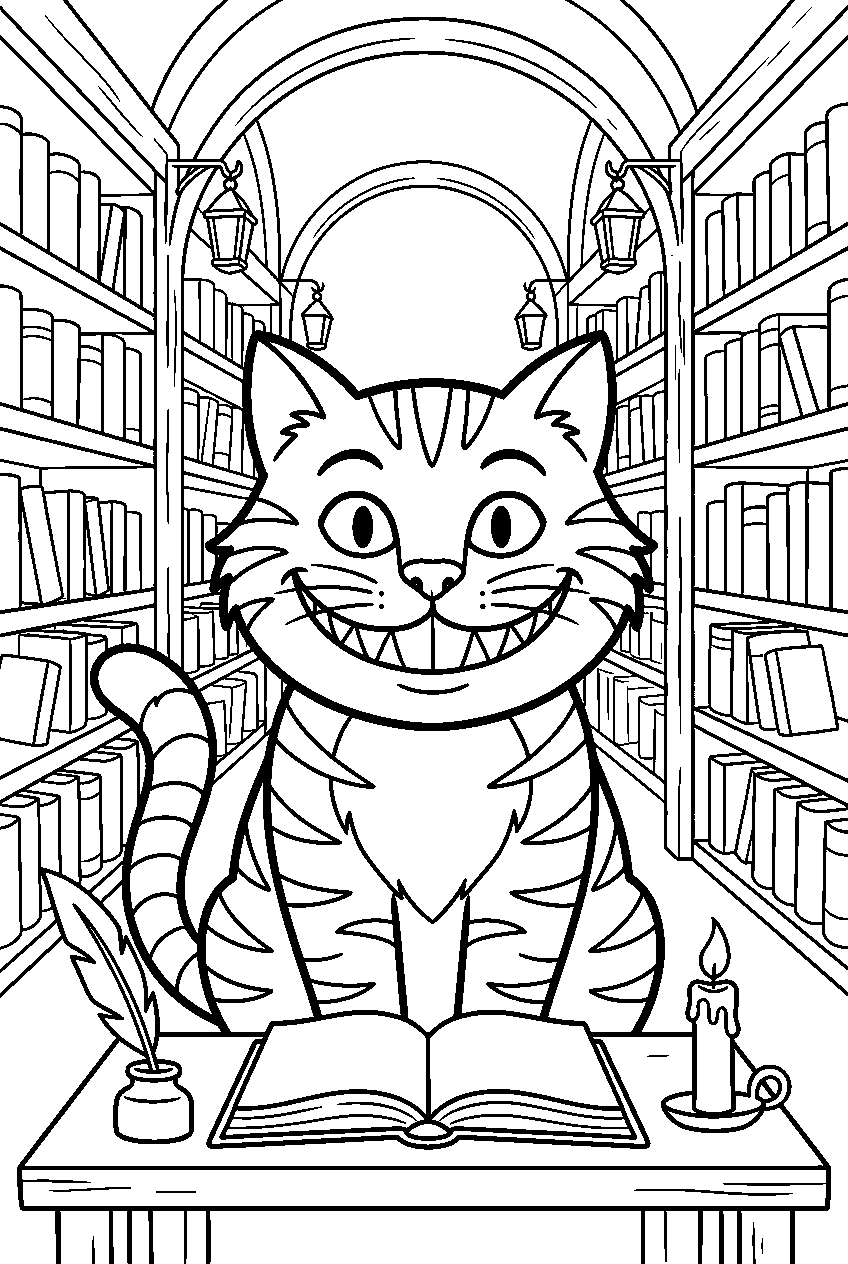 alice in wonderland cheshire cat in enchanted library line art