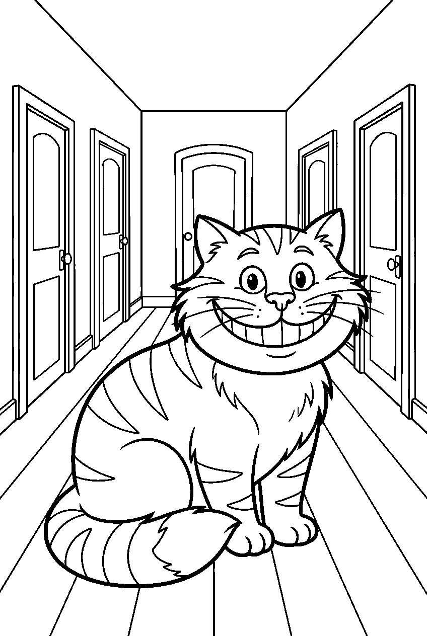 alice in wonderland cheshire cat in hallway of doors line art