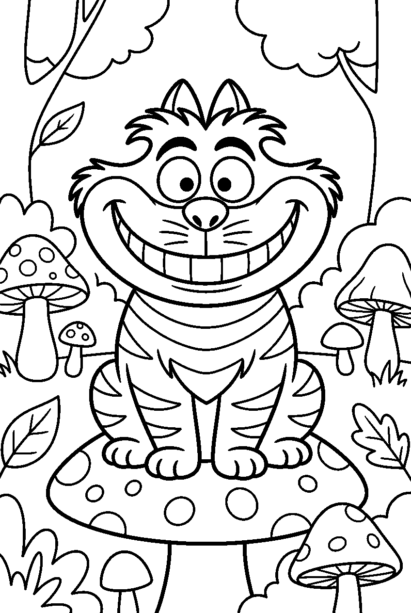 alice in wonderland cheshire cat in mushroom forest line art