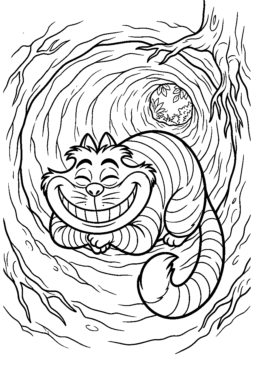 alice in wonderland cheshire cat in rabbit hole line art