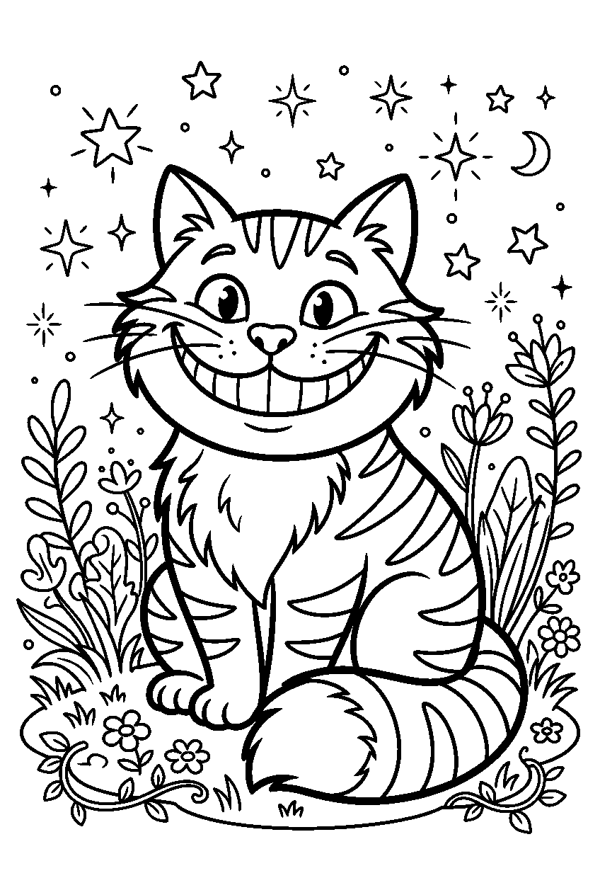 alice in wonderland cheshire cat in starlight garden line art