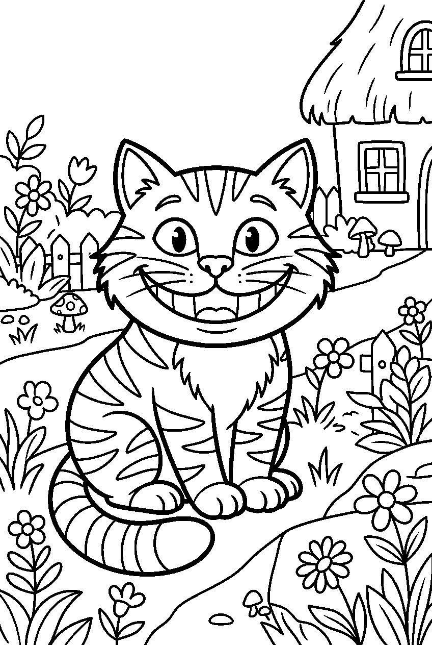 alice in wonderland cheshire cat in white rabbit s garden line art