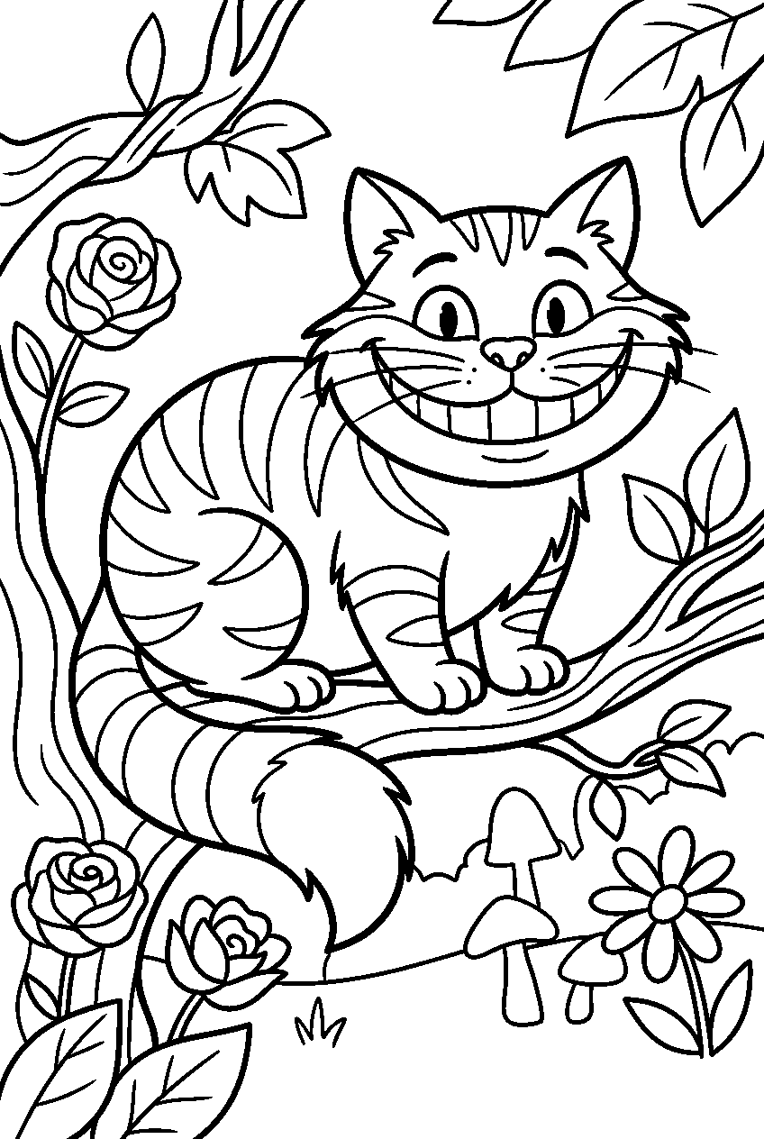 alice in wonderland cheshire cat in wonderland garden line art