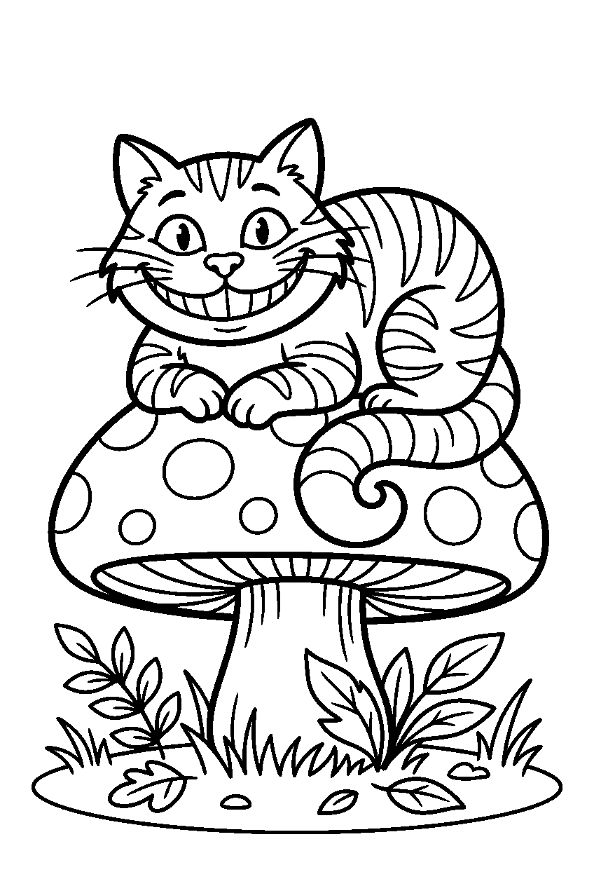 alice in wonderland cheshire cat on caterpillar s mushroom line art