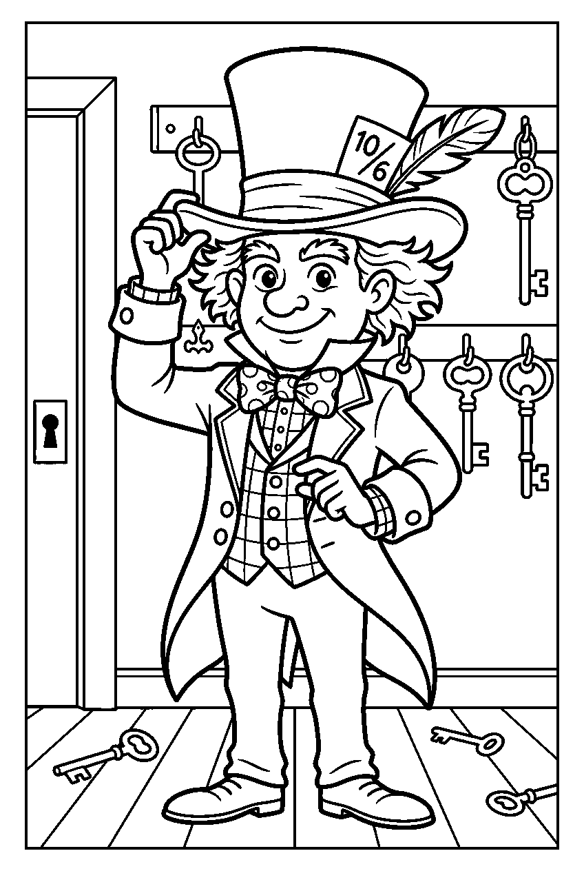 alice in wonderland mad hatter in key room line art