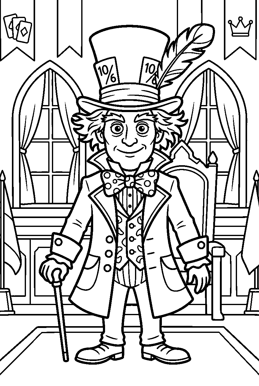 alice in wonderland mad hatter in royal courtroom line art