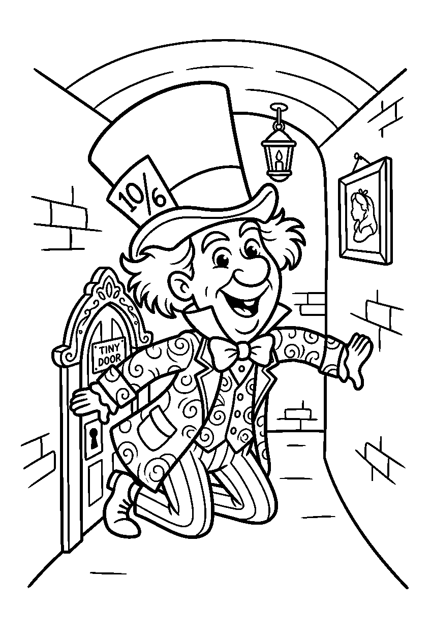 alice in wonderland mad hatter in tiny door hallway line art