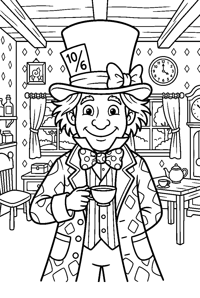 alice in wonderland mad hatter in white rabbit s house line art