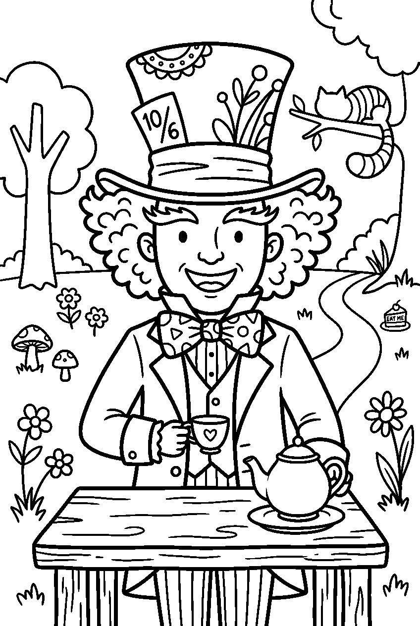 alice in wonderland mad hatter in wonderland garden line art