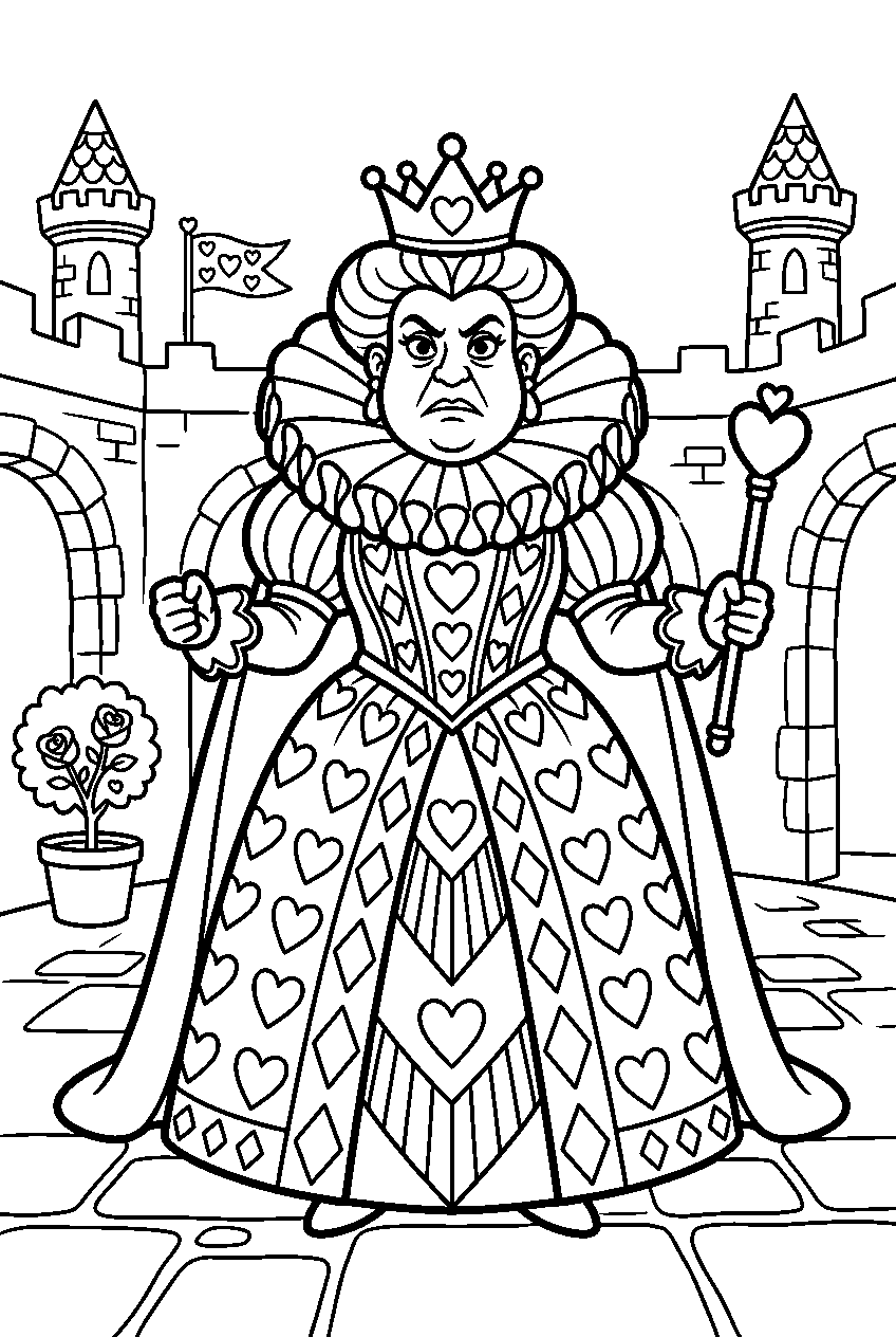 alice in wonderland queen of hearts in castle courtyard line art