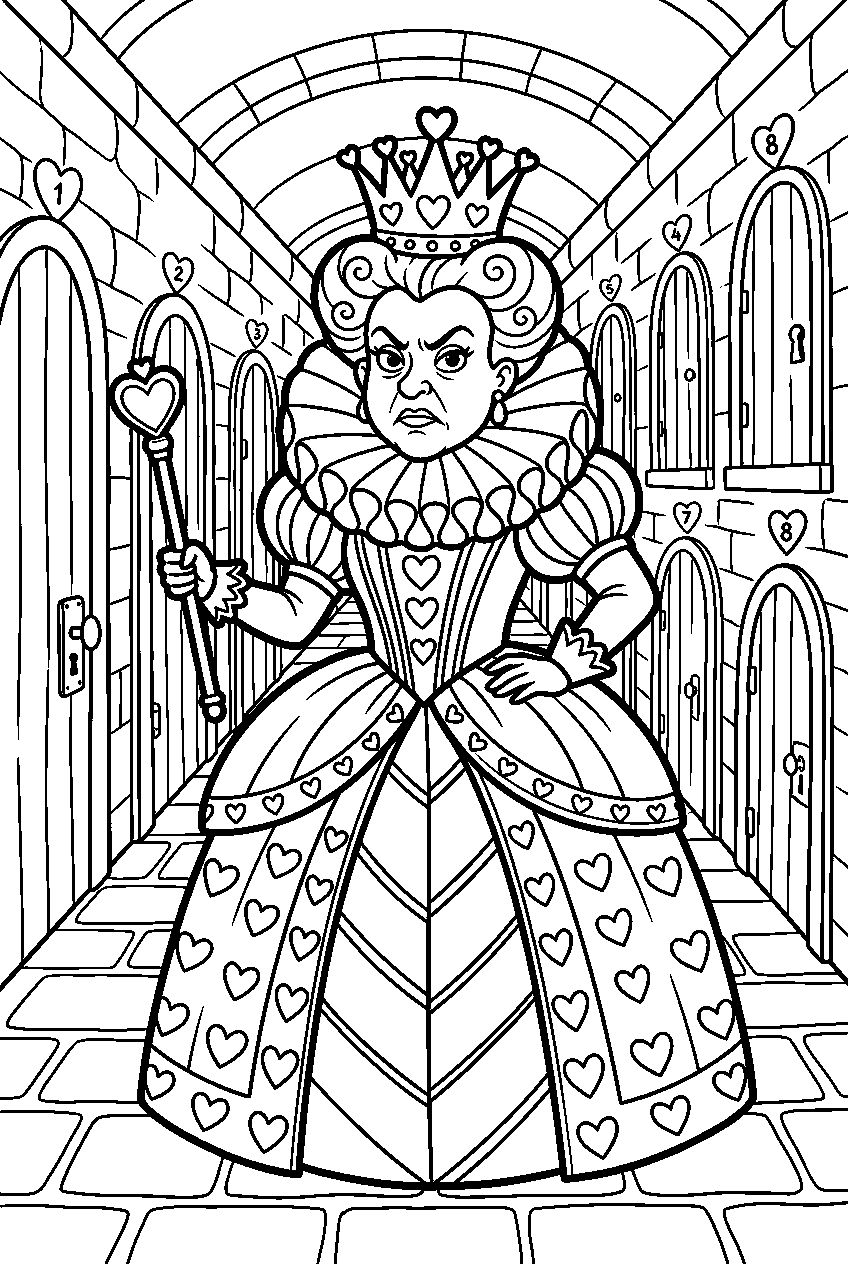 alice in wonderland queen of hearts in hallway of doors line art