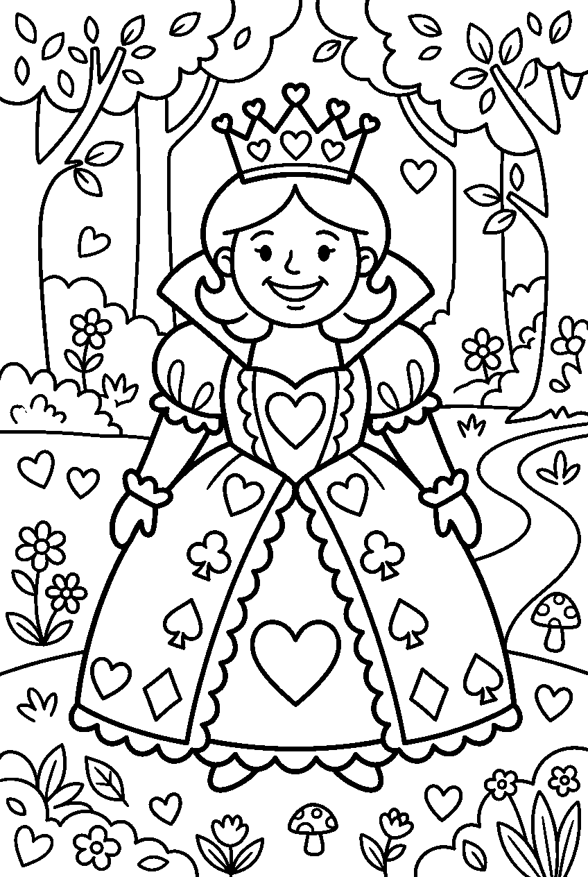 alice in wonderland queen of hearts in smiling forest line art