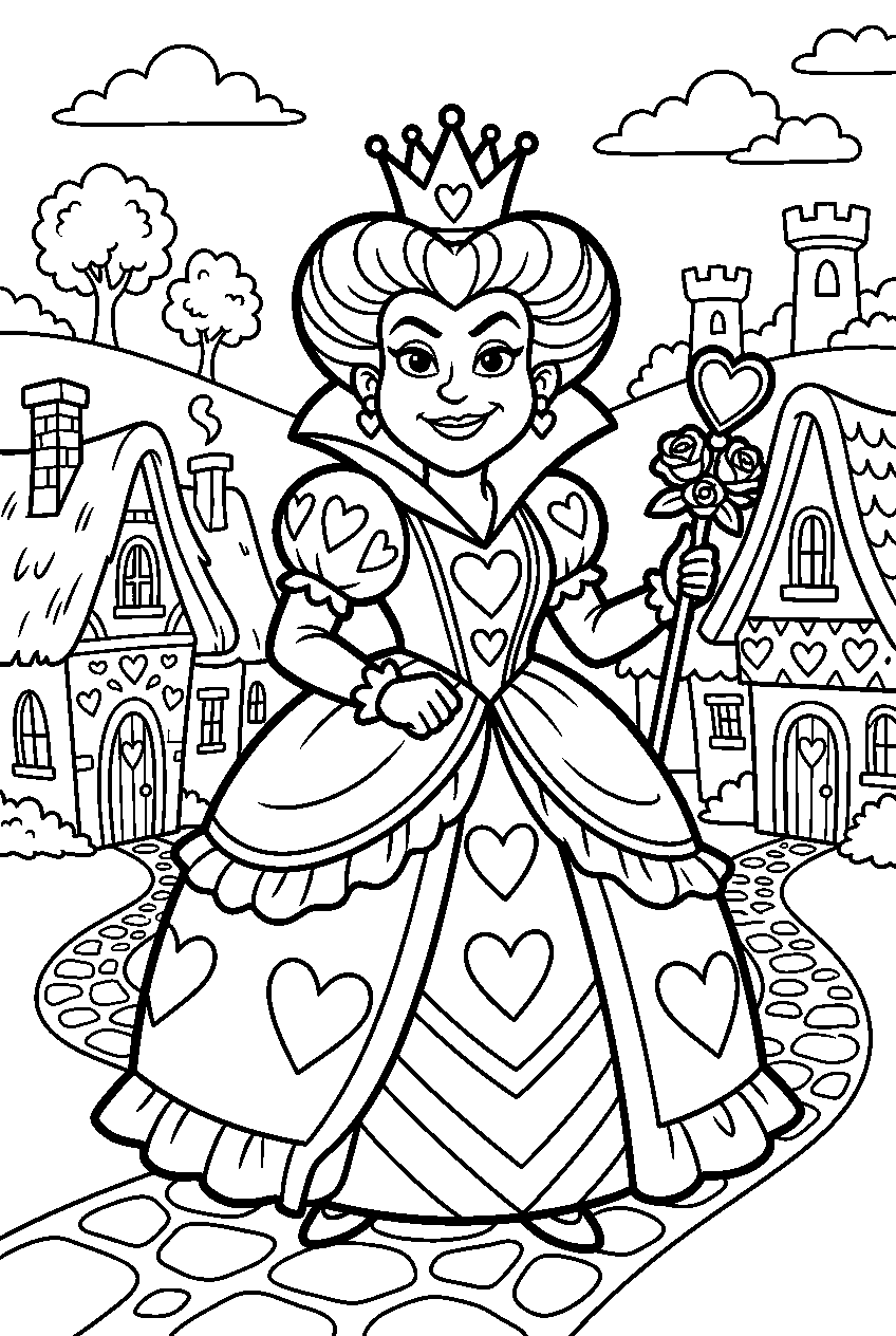 alice in wonderland queen of hearts in whimsical village line art
