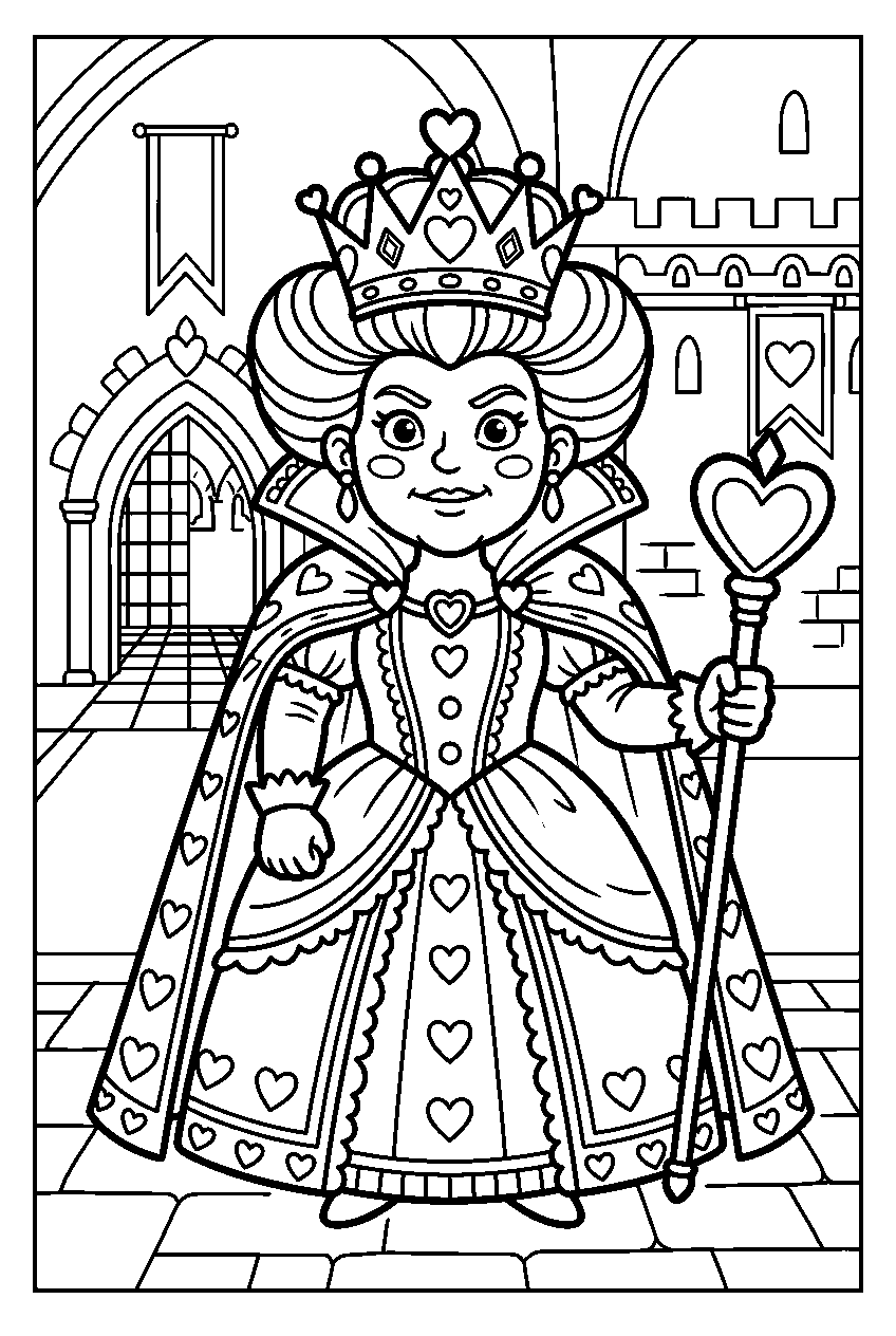 alice in wonderland queen of hearts in white queen s castle line art