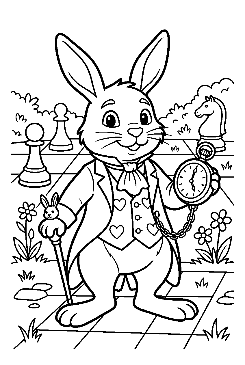 alice in wonderland white rabbit in chess garden line art