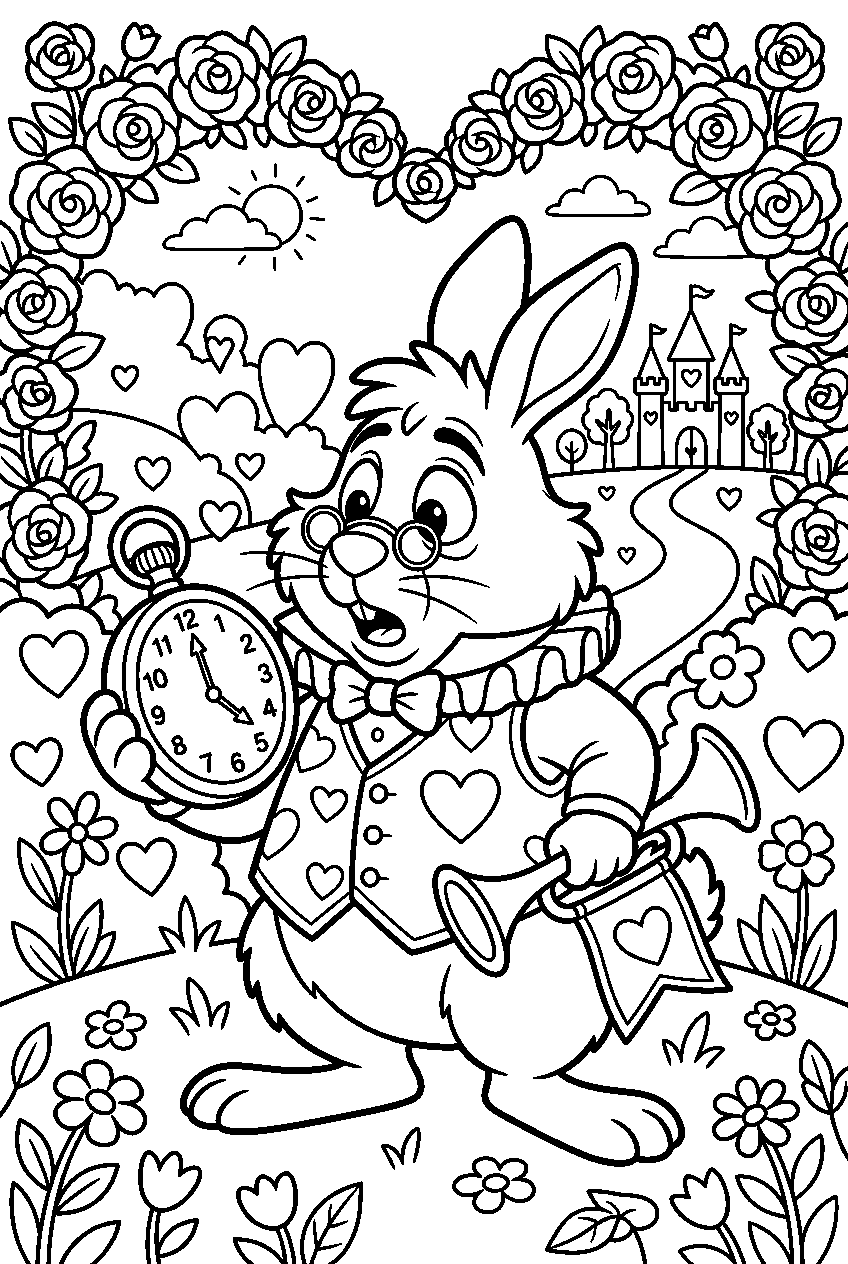 alice in wonderland white rabbit in heart garden line art