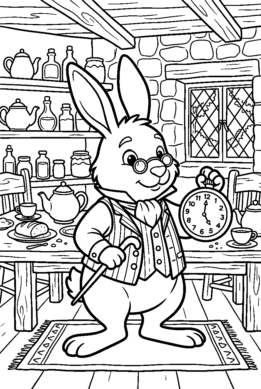 alice in wonderland white rabbit in march hare s house line art