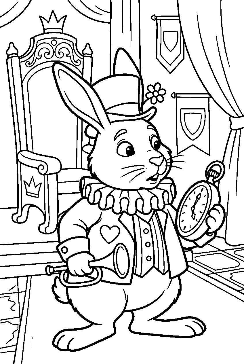 alice in wonderland white rabbit in royal throne room line art