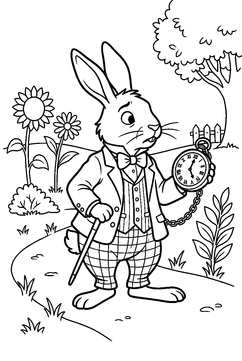 alice in wonderland white rabbit in white rabbit s garden line art