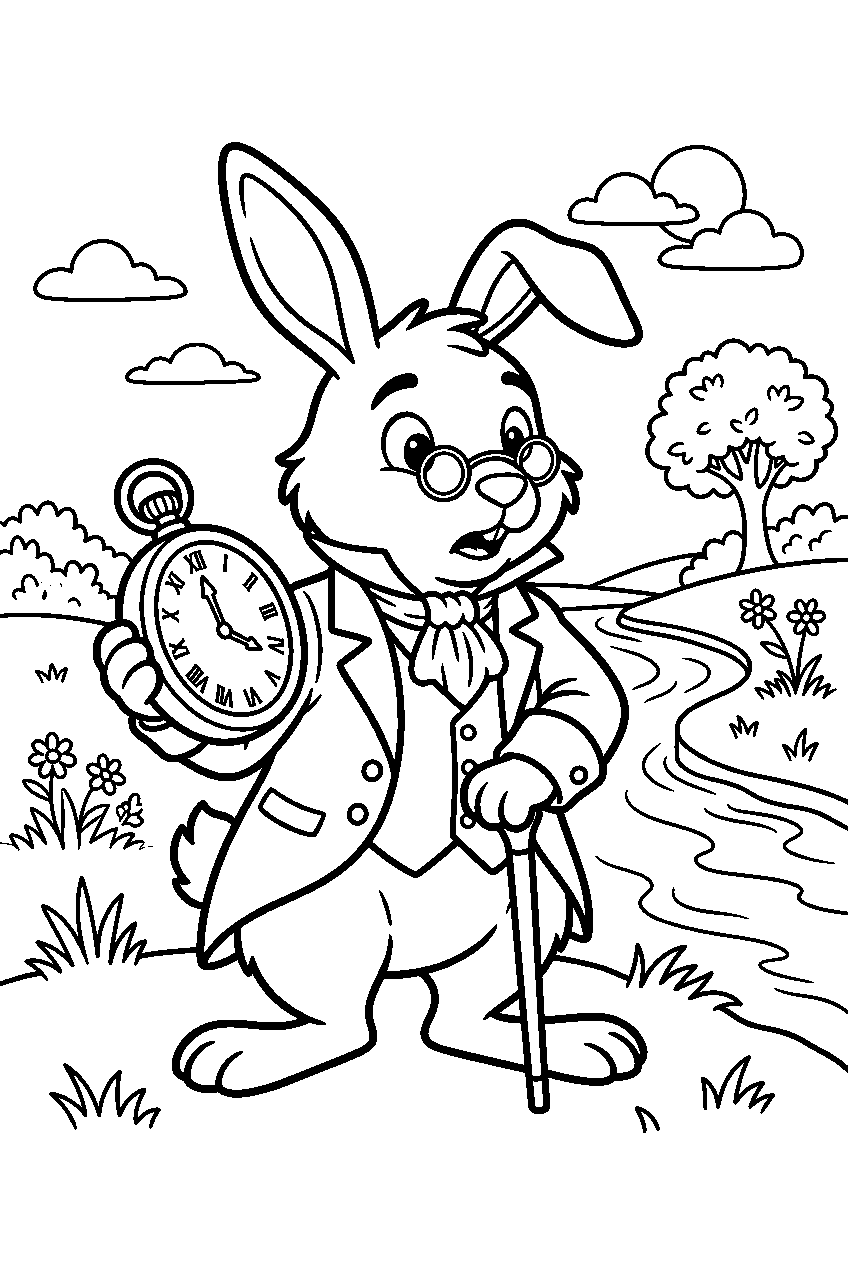alice in wonderland white rabbit on riverbank line art