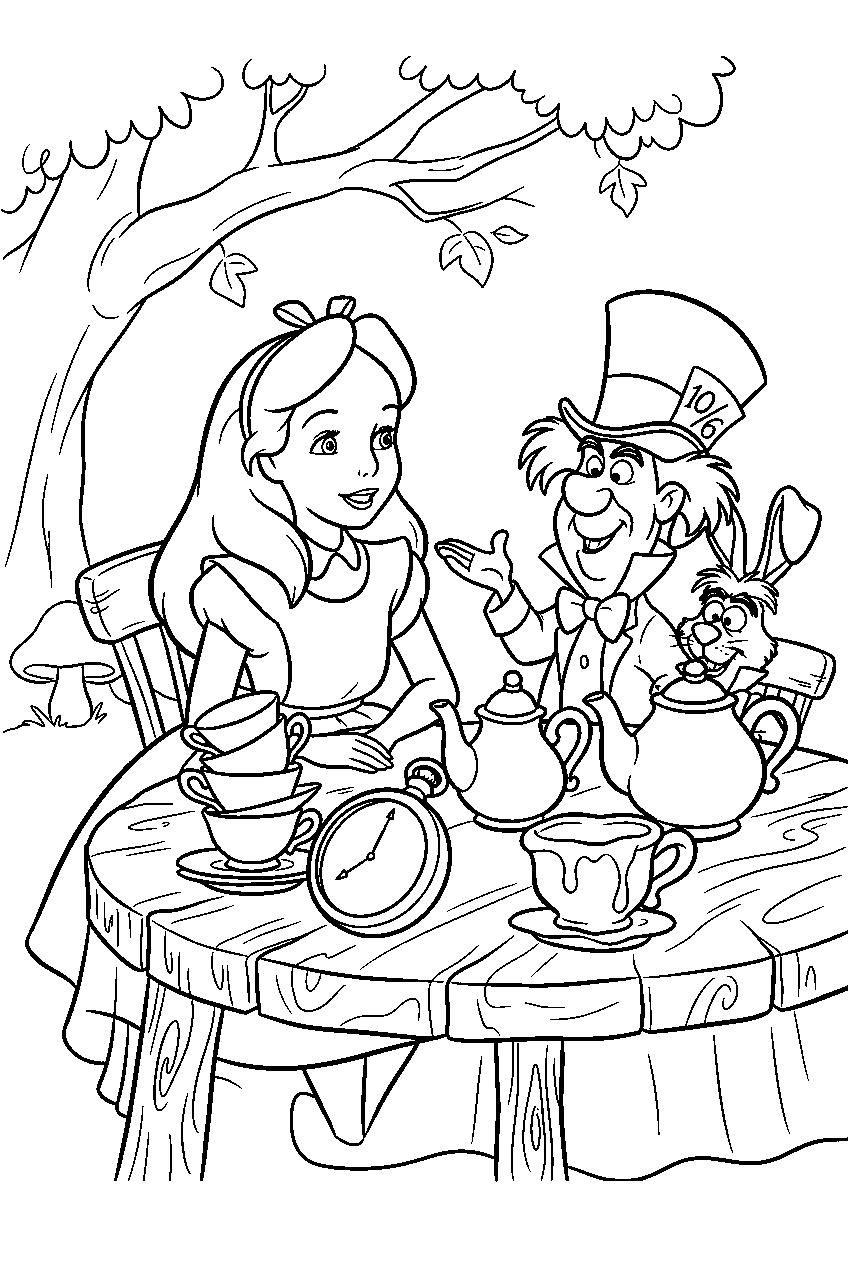 alice in wonderland at hatter s tea table line art