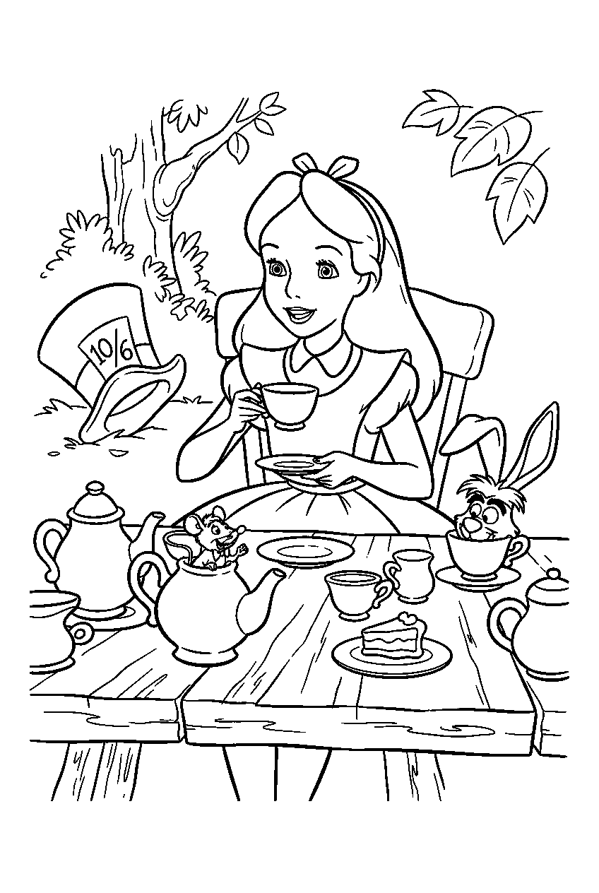 alice in wonderland at mad tea party line art