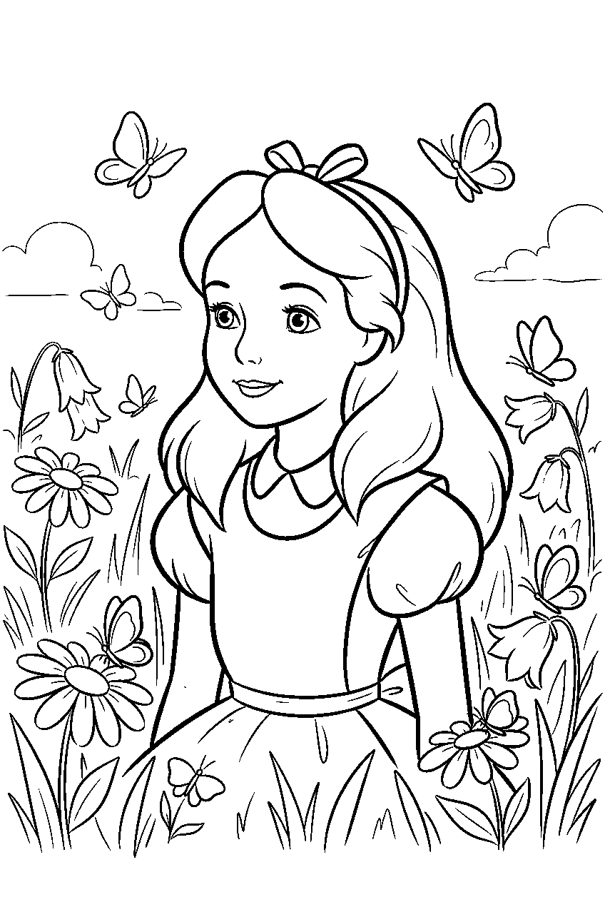 alice in wonderland in butterfly meadow line art