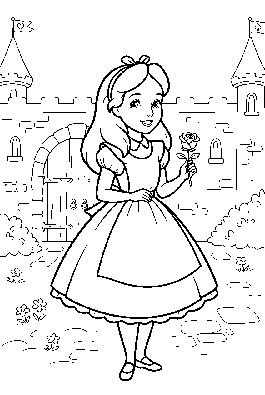 alice in wonderland in castle courtyard line art