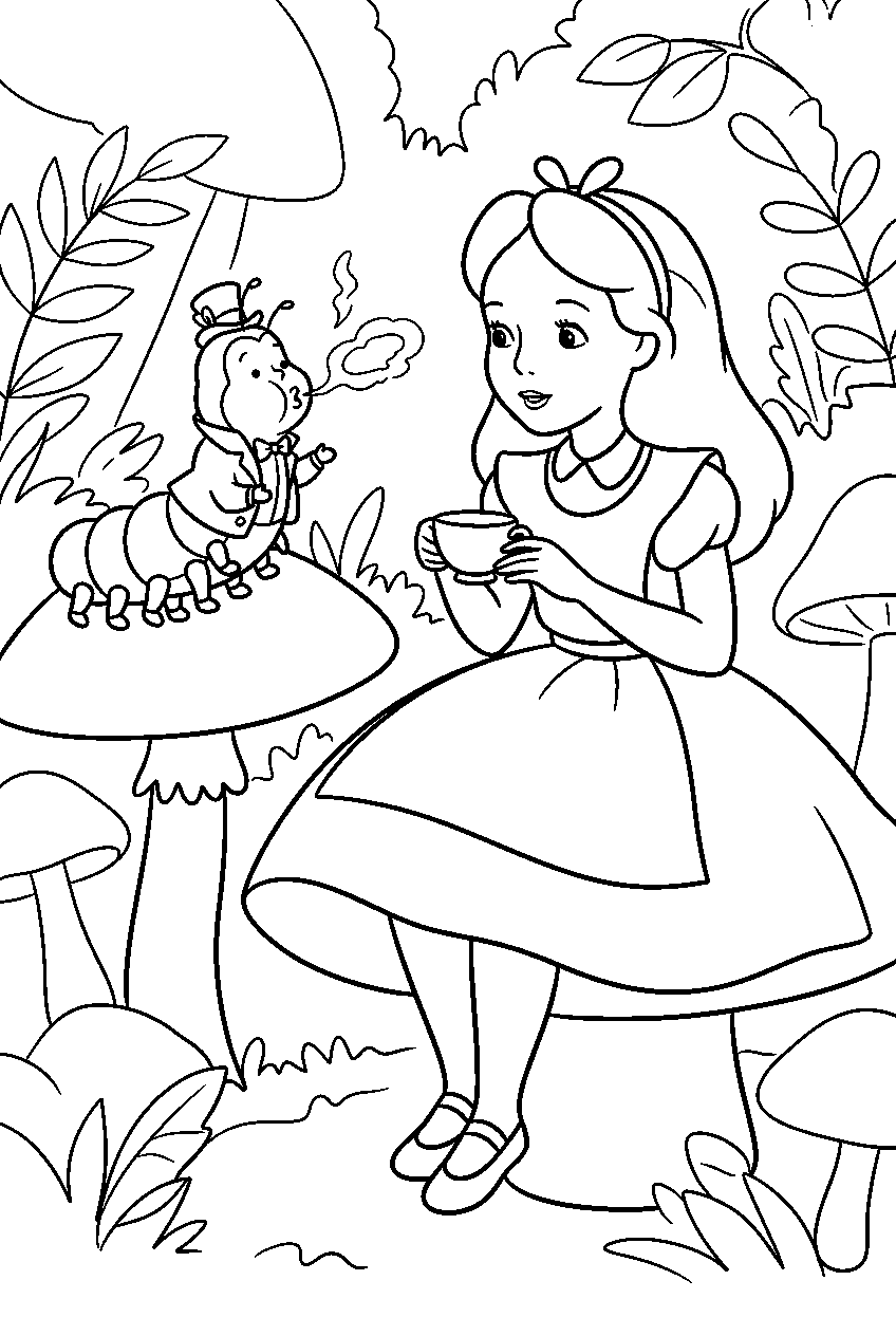 alice in wonderland in caterpillar s forest line art