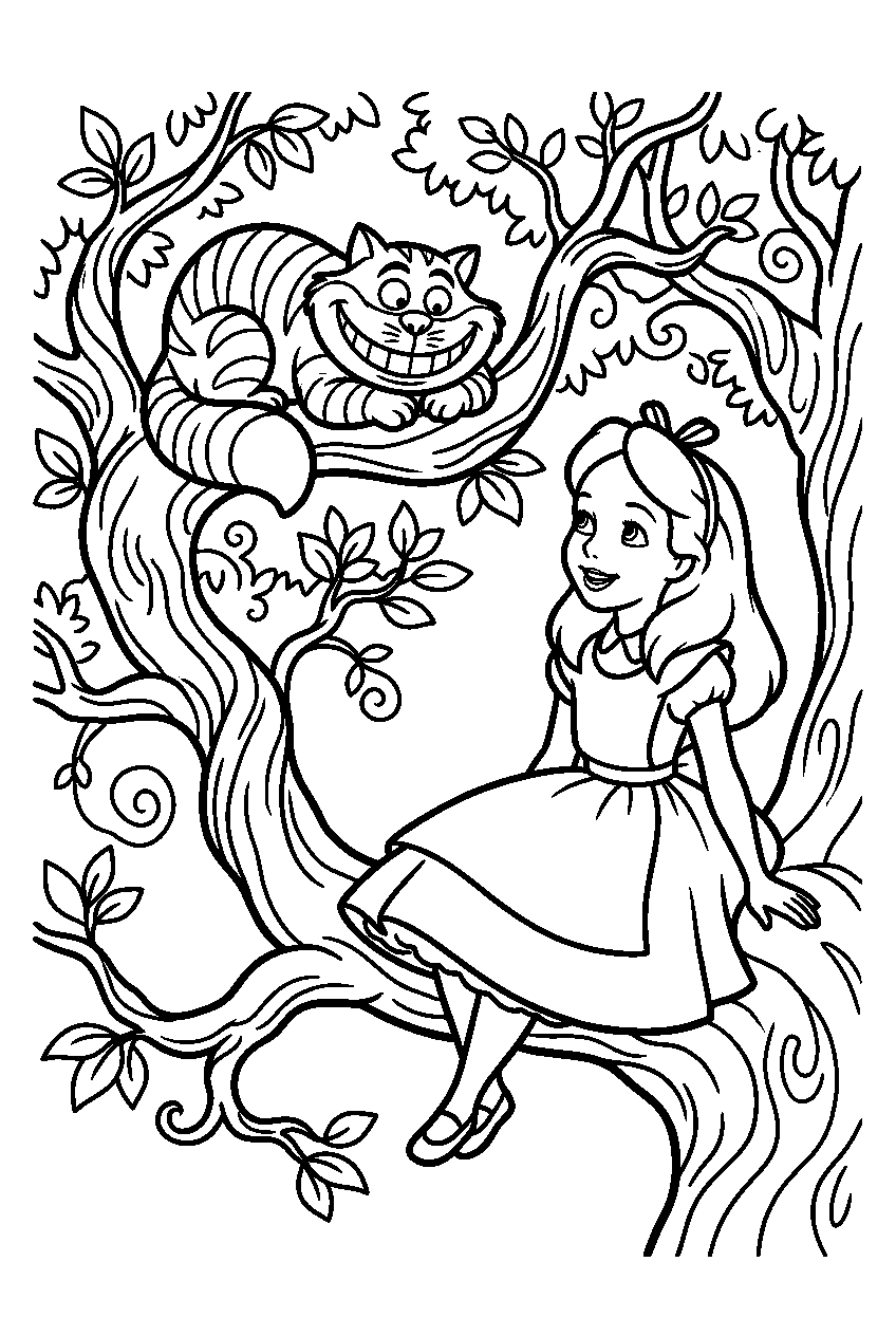 alice in wonderland in cheshire cat tree line art