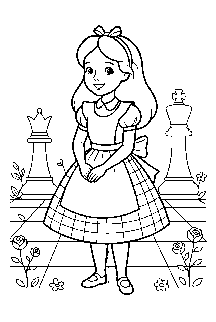 alice in wonderland in chess garden line art