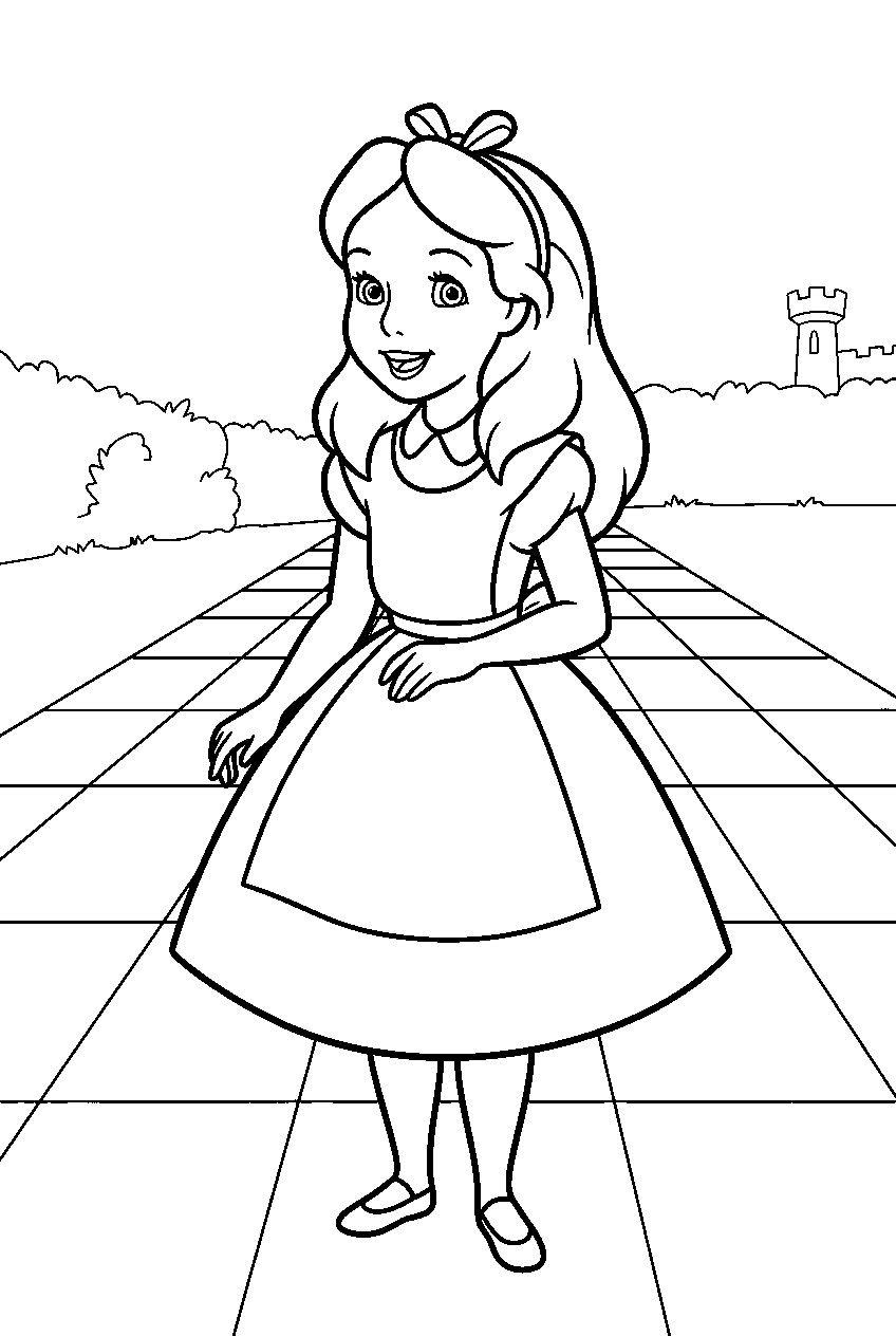alice in wonderland in chessboard field line art