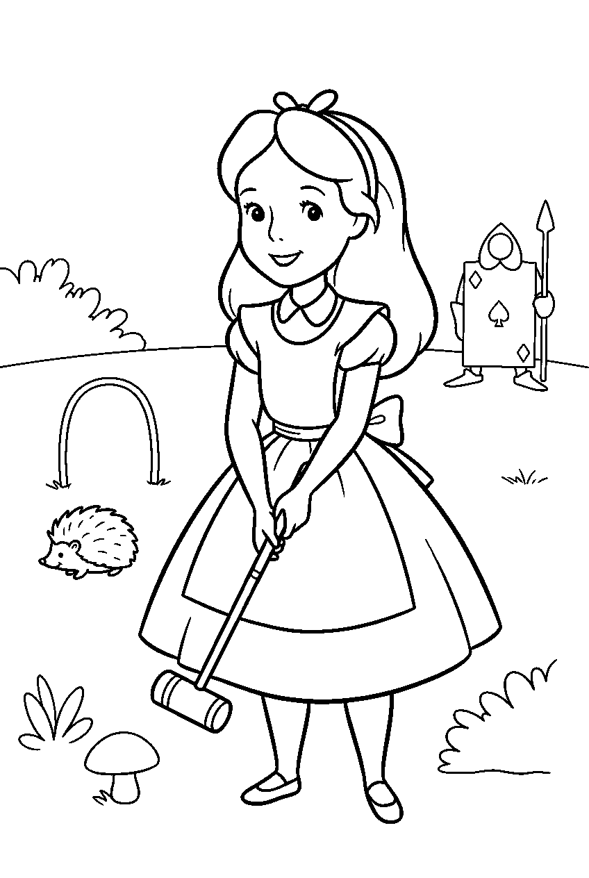 alice in wonderland in croquet field line art