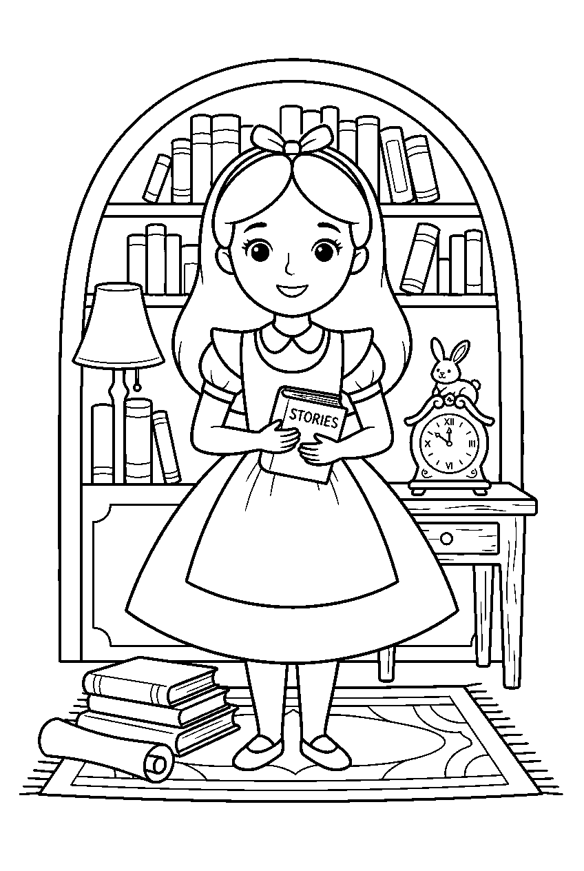 alice in wonderland in enchanted library line art