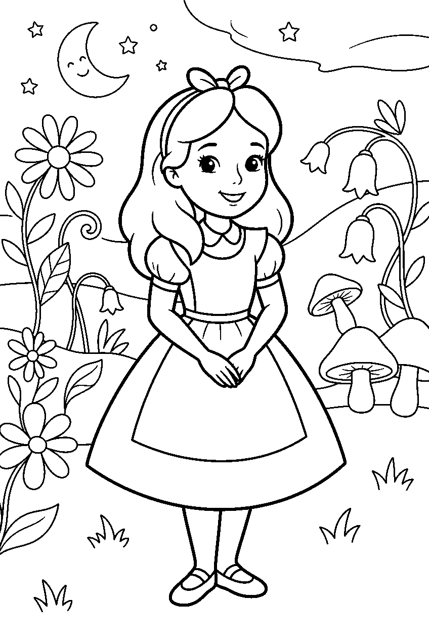 alice in wonderland in enchanted meadow line art