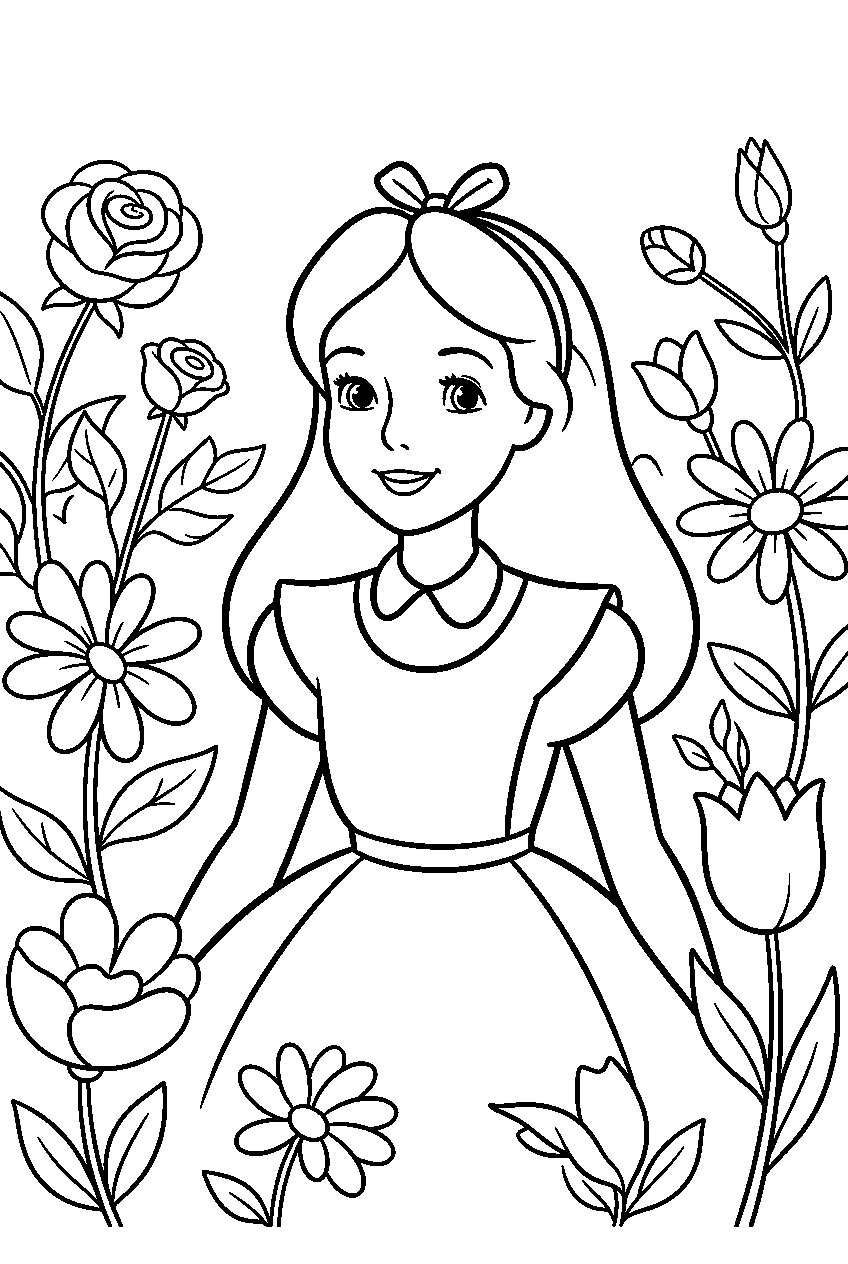 alice in wonderland in flower garden line art