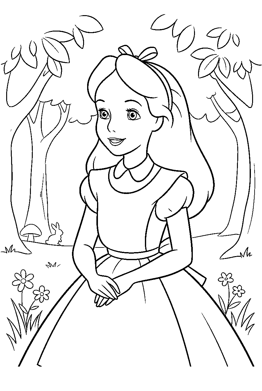 alice in wonderland in forest clearing line art
