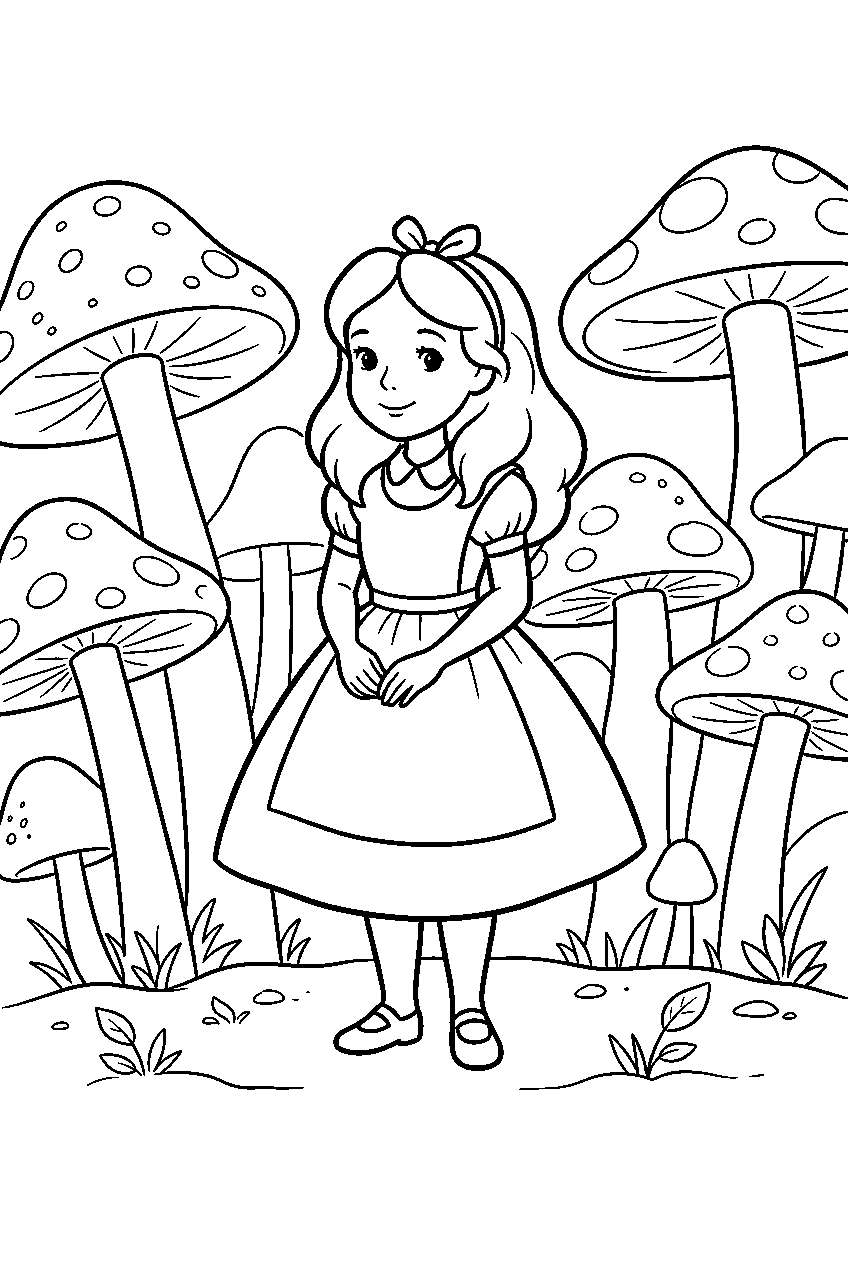 alice in wonderland in giant mushroom field line art