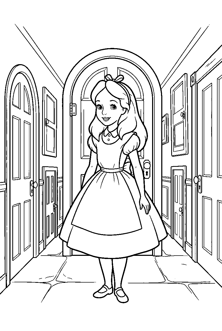 alice in wonderland in hallway of doors line art