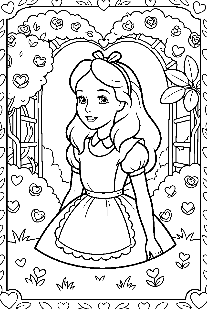 alice in wonderland in heart garden line art