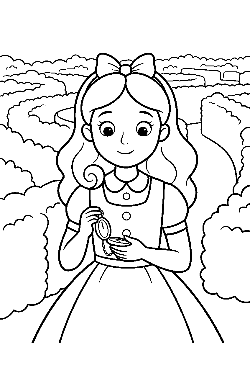 alice in wonderland in hedge maze line art